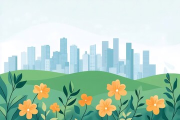 Illustrated Cityscape with Orange Wildflowers and Green Hills Under a Cloudy Sky