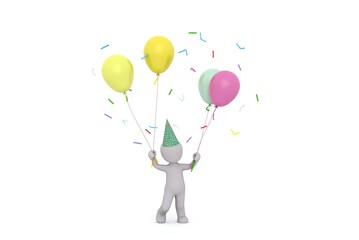 A 3D character wearing a multicolored patterned party hat, holding colorful balloons, with confetti around. Ideal for party - related materials, festive decorations, or celebratory designs.