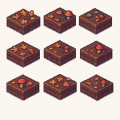 Pixel art isometric mud tiles with leaves