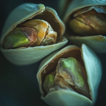 closeup of pistachios with cracked shells and green nuts visible, macro snack food photography