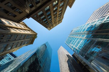 Upward view of tall buildings and skyscrapers against a clear vibrant blue sky