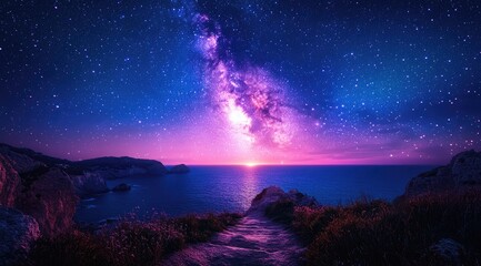 Colorful celestial display over a tranquil coastal path.