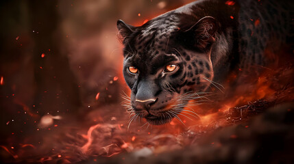 Fiery black panther in a forest ablaze.  Intense gaze,  glowing eyes, surrounded by flames