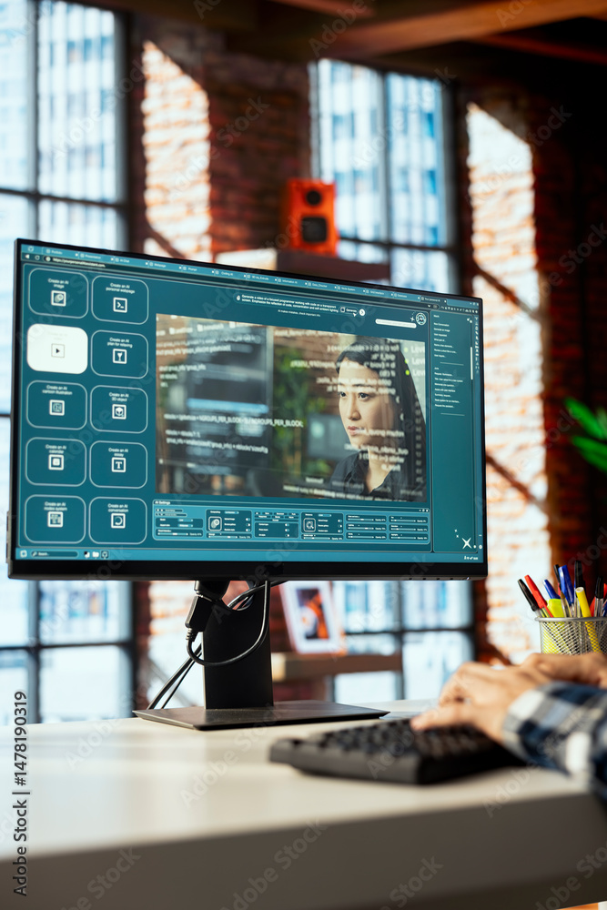 Poster social media expert in home office using ai turning text prompts into video output. content creator 