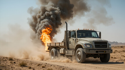 Truck with burning tire driving on dusty road