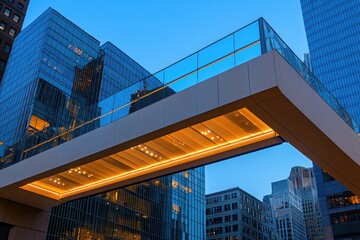 Urban cityscape with illuminated skybridge and glass architecture at twilight