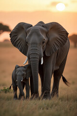 Obraz premium Mother elephant walking with baby elephant at sunset in savanna 