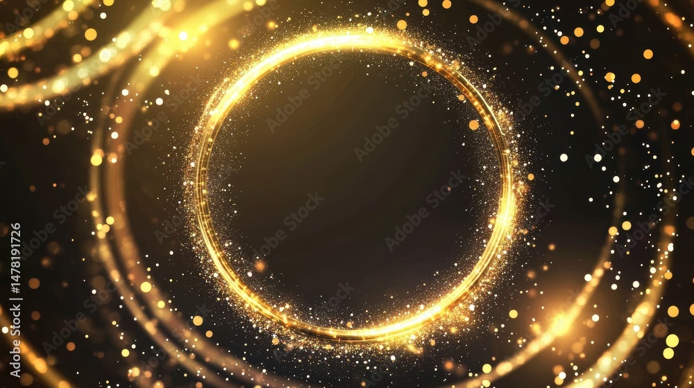 Poster glowing golden circle frame with sparkles on black background.