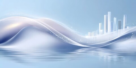 Abstract Skyline with Water Reflection on Light Blue Background Depicting Futuristic Urban Landscape with Geometric Shapes Clean Design Modern Architecture