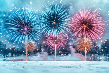 Explosive, colorful fireworks light up a snowy winter scene