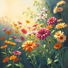 Vibrant colorful flower garden with visible brushstrokes and soft lighting – artistic impressionist style painting
