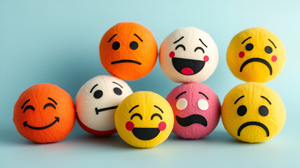 Colorful emoticon balls representing diverse emotions against a soft blue background, illustrating various sentiments like happiness, sadness, and surprise.