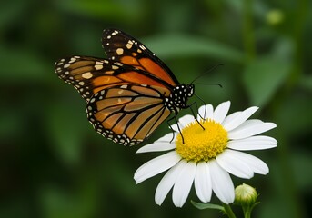 Fototapeta premium Monarch Butterfly on White Daisy Flower Nature's Beauty, Insect, Pollination, Garden, Summer, Green Foliage.