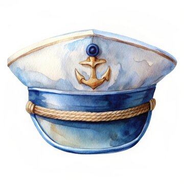 Naklejki Watercolor illustration of a classic sailor captain's hat with anchor emblem on white background