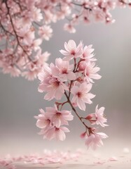 Obraz premium Soft pastel pink sakura petals descend in gentle motion against a blurred background , delicate, petals
