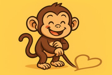 Fototapeta premium A cartoon monkey with an excited grin, writing an imaginary love message in the sand with its tail on a bright yellow background
