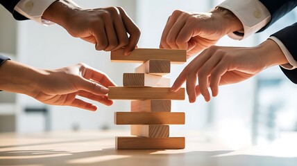 Building Success: A collaborative effort is captured through the stacking of wooden blocks, representing a team's joint effort and determination. This image underscores the importance of unity, skill.