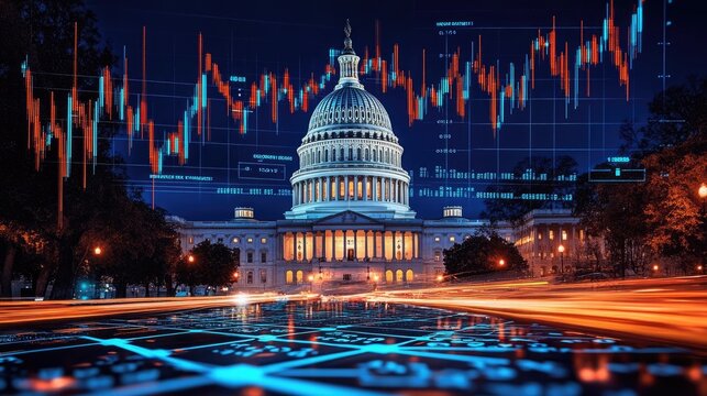 Fototapeta US Capitol Building with market index chart overlay and motion light streaks at night