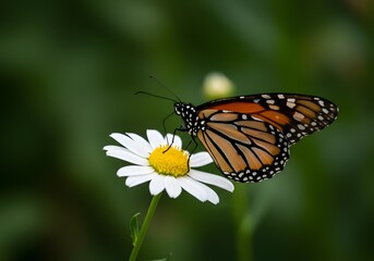 Fototapeta premium Monarch Butterfly Resting on a Daisy Flower, Nature's Beauty, Close-up, Pollination, Summer Garden.