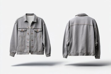 Gray denim jacket floats in the air. Front and back view of the garment.