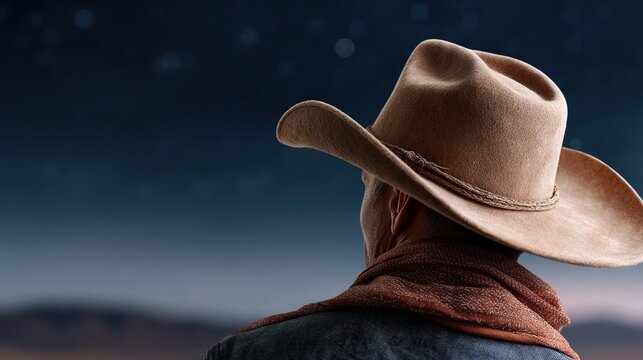 Contemplative cowboy gazes towards the starlit sky over distant hills landscape.