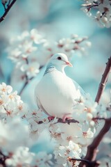 Fototapeta premium dove perched on a delicate branch, surrounded by blossoms in full bloom, embodying the purity and peace brought by the Holy Spirit