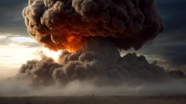 Apocalyptic Nuclear Explosion Erupting Over a Barren Wasteland with Massive Mushroom Cloud Illuminating a Moody Sky at Dusk