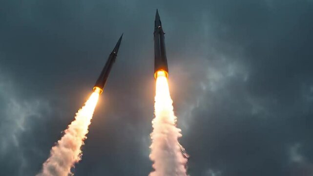Powerful Rocket Launch Sequence During Military Parade at Sunset Featuring Armored Missile Trucks