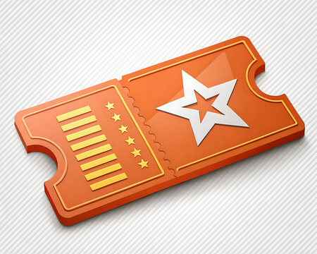 An orange ticket with a white star and gold details sitting on a white surface with lines