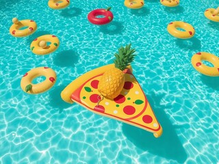 Aerial view of a pool with inflatable pizza slice, pineapple and donut floats in the bright blue water