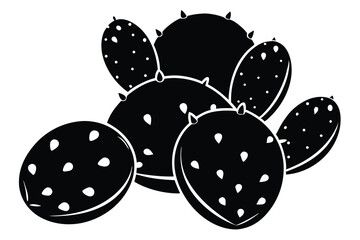Graphic Black and White Illustration of Spiky Prickly Pear Cactus Pads and Fruits