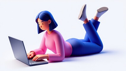 A woman lies on the floor using a laptop, symbolizing a casual or unconventional approach to work or study. 3D rendering, conceptual image. Isolated on white background. 