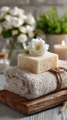 Square Natural Cleaning Sponge with Soap Suds in Rustic Bathroom Setting
