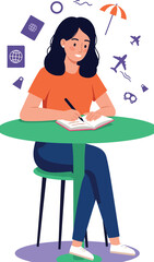 Fototapeta premium Woman writing travel journal with airplane and umbrella icons vector illustration 