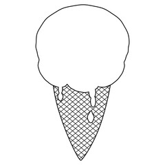 Coloring page with summer outline vector drawing juicy appetizing ice cream in waffle cone with drips and drops. Ideal for entertaining kids, summertime, dessert black and white design, DIY craft.