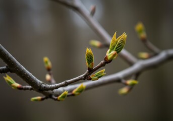 Tree branch with buds symbolizing spring renewal and growth, featuring green leaves