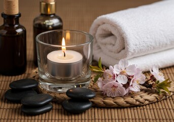 Spa still life representing relaxation and wellness, featuring candle, towel, stones, and flowers