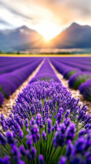 Fototapeta premium Lush lavender field at sunset, mountains in background