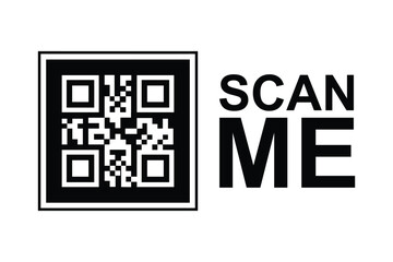 Centered black and white QR code with 'SCAN ME' in bold sans-serif. Minimalist, symmetrical design on clean background. Neutral, functional aesthetic for digital use. No people or context. Black/white