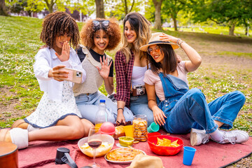 Four young women taking selfie at a picnic in the park