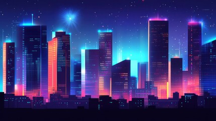 Vibrant Night Cityscape with Neon Lights and Starry Sky in Abstract Style