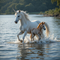 Obraz premium Mare and foal prance in the water, water, animal, unicorn