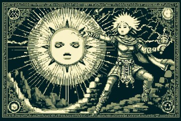 Monochrome pixel art depicting a mythical female figure controlling a celestial body