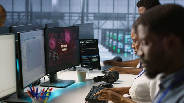 IT staff members seeing critical error popup on PC screen in data center, requesting help from cybersecurity team. Server hub coworkers struggling to eliminate cyberattacks affecting network, camera A - Powered by Adobe