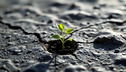 green plant sprout growing from crack on moon surface photo, subject at the top with copy space at the bottom, in hyper realistic style.