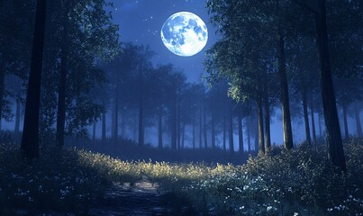Fototapeta premium Full moon casting ethereal glow over tranquil forest path at twilight