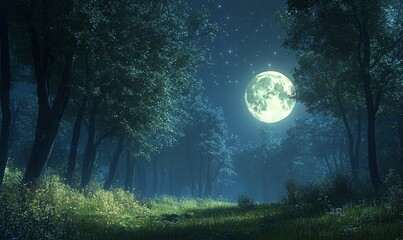 Fototapeta premium Ethereal moonlight bathing a silent forest clearing on a starlit night