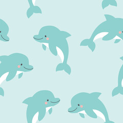 Fototapeta premium Cute dolphin seamless pattern. Summer vector illustration. It can be used for wallpapers, wrapping, cards, patterns for clothes and other.