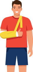 Obraz premium Man with Arm Sling Wearing Red Shirt and Blue Shorts Giving Thumbs Up Vector Illustration 