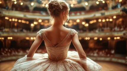 Naklejka premium Ballerina on Stage: A poised ballerina, enveloped in the soft glow of the stage lights, stands ready to perform, embodying elegance and grace within the grandeur of the theater. 